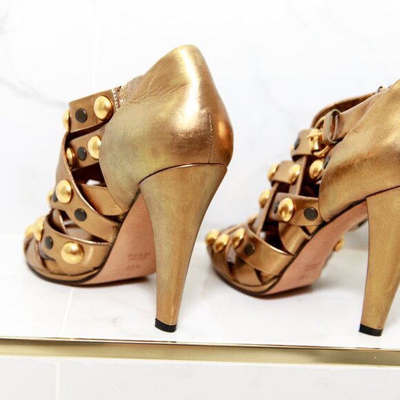 Gucci Babouska Gold Bronze Studded Open Toe Strappy Heels 38.5 / 8.5 - Picture 7 of 17